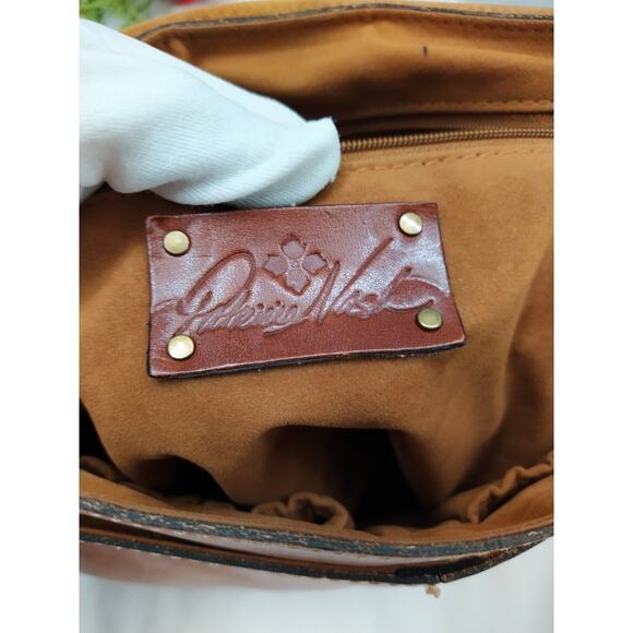 Patricia Nash Saddle Tan Leather Rosolini Tooled Buckle Flap Crossbody Bag EUC - Picture 10 of 16